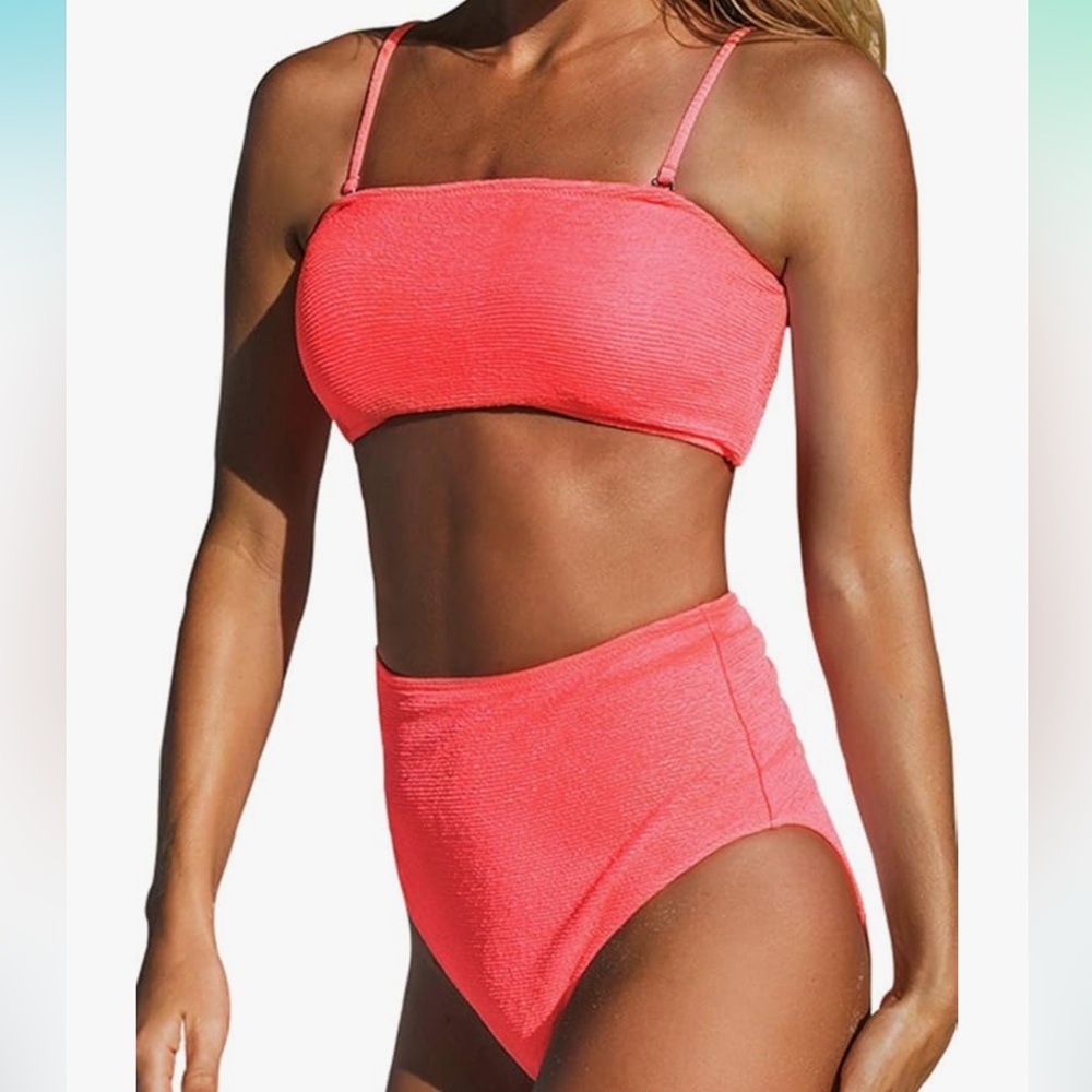 CUPSHE Women's Neon Pink Bandeau Top High Waisted Bikini Sz M